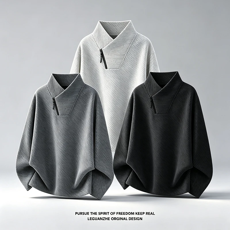 Mens Fashion Summer - Herren-Oberteil mit asymmetrischem Reißverschluss, Stehkragen, langen